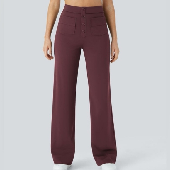 Halara Pants Maroon Mahogany Red High Rise Pocket Button Front Pants Small - Picture 1 of 11